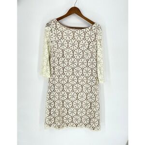 J Howard Ivory Geometric Lace Shift Dress Nude Lining 3/4 Sleeve Size 14